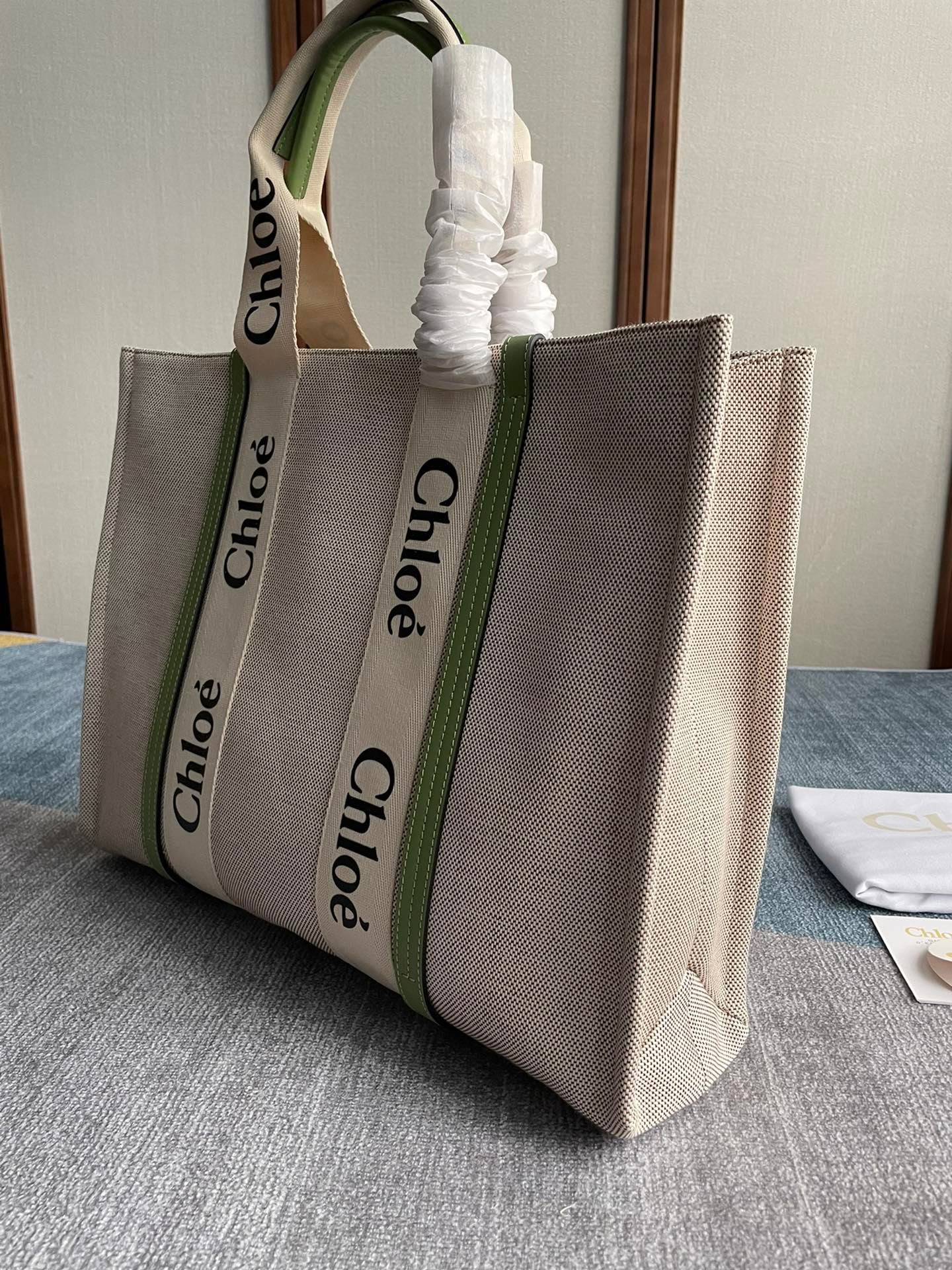 複刻名牌包Chloe蔻依 Chloé標識亞麻帆布 Woody大號托特包 緑