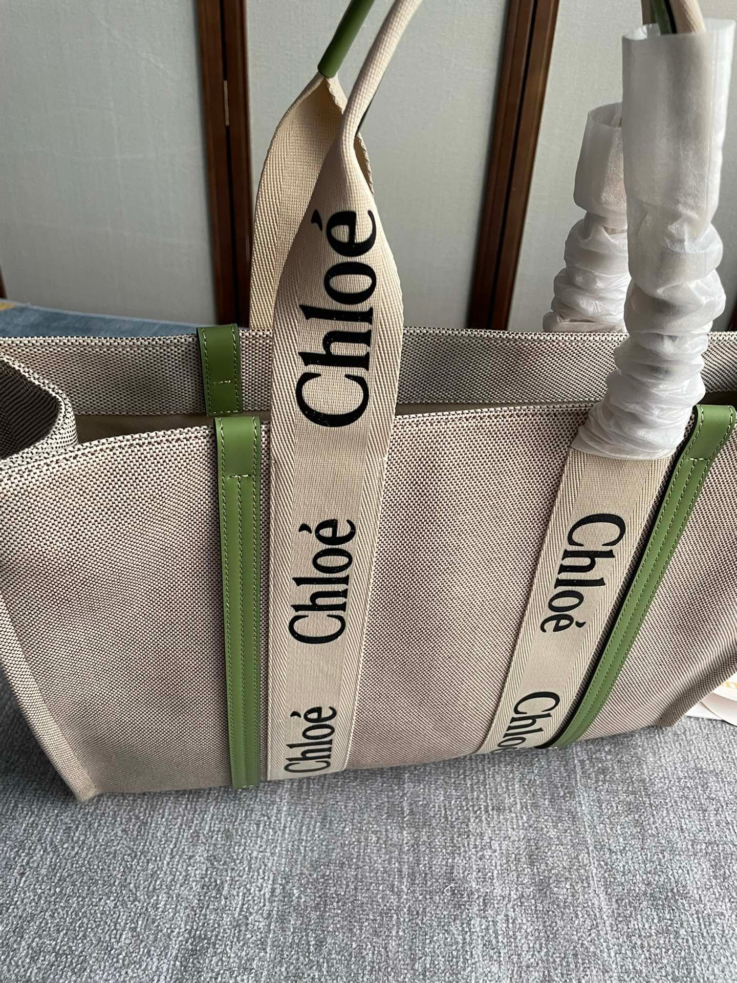 複刻名牌包Chloe蔻依 Chloé標識亞麻帆布 Woody大號托特包 緑