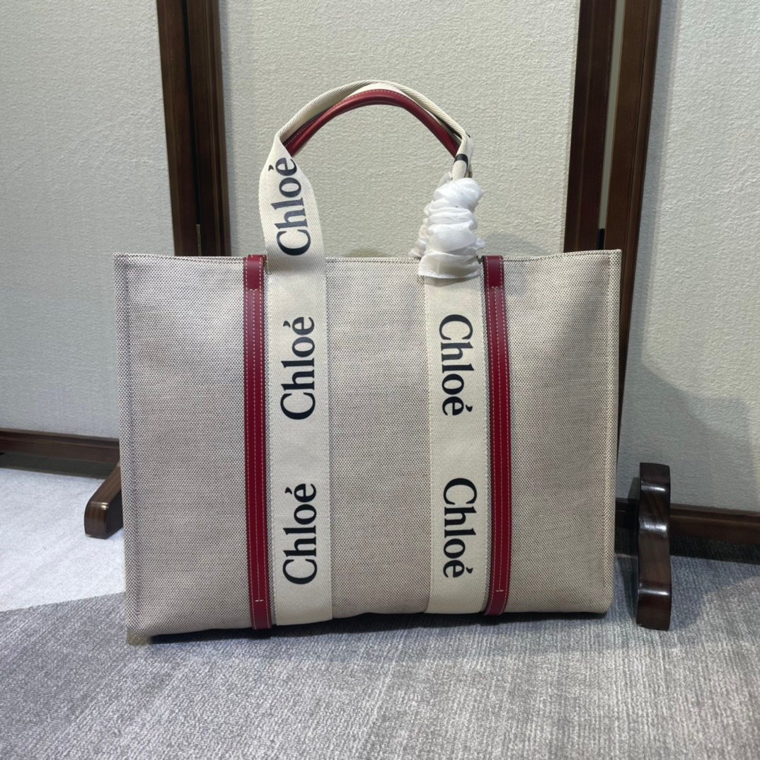 複刻名牌包Chloe蔻依 Chloé標識亞麻帆布 Woody大號托特包 酒紅