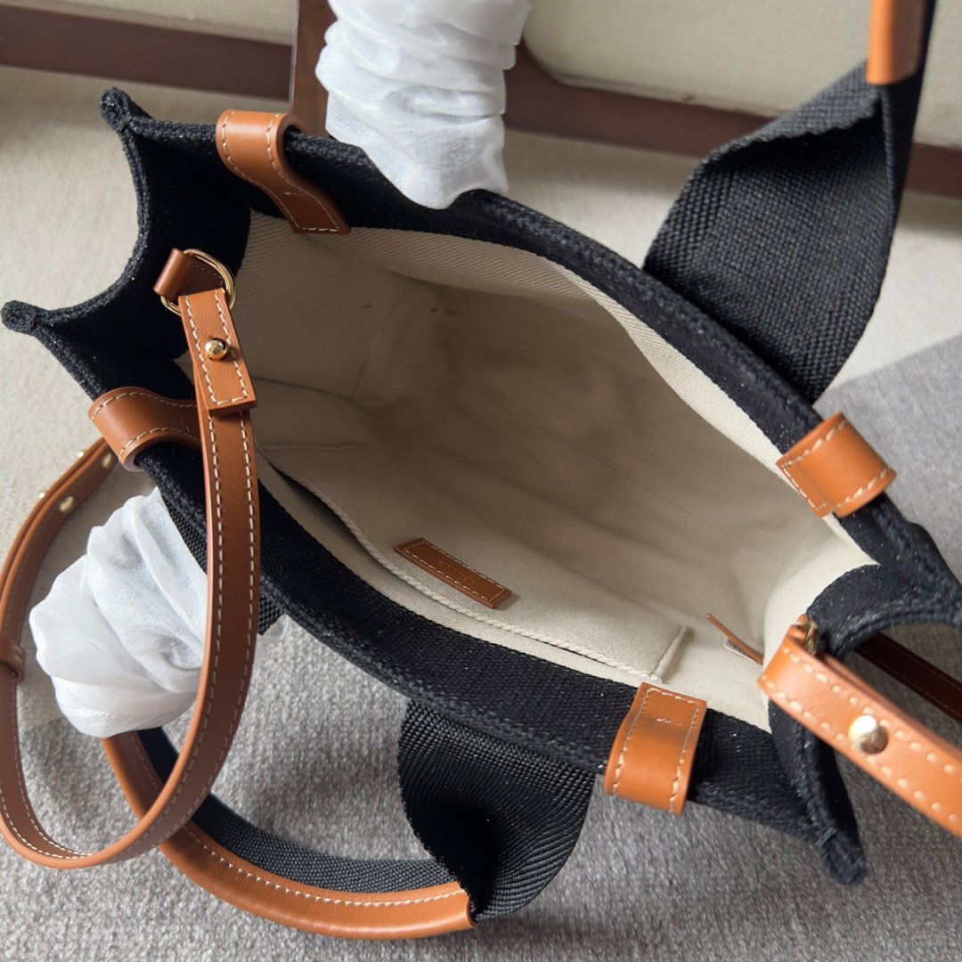 複刻奢侈包Chloe蔻依 Chloé標識亞麻帆布 Woody小號托特包 黑色