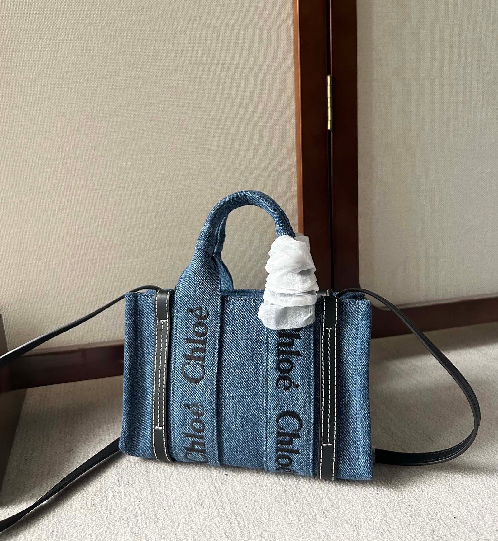 原單高仿Chloe蔻依名牌包 牛仔布Chloé Woody Tote Bag mini號托特包