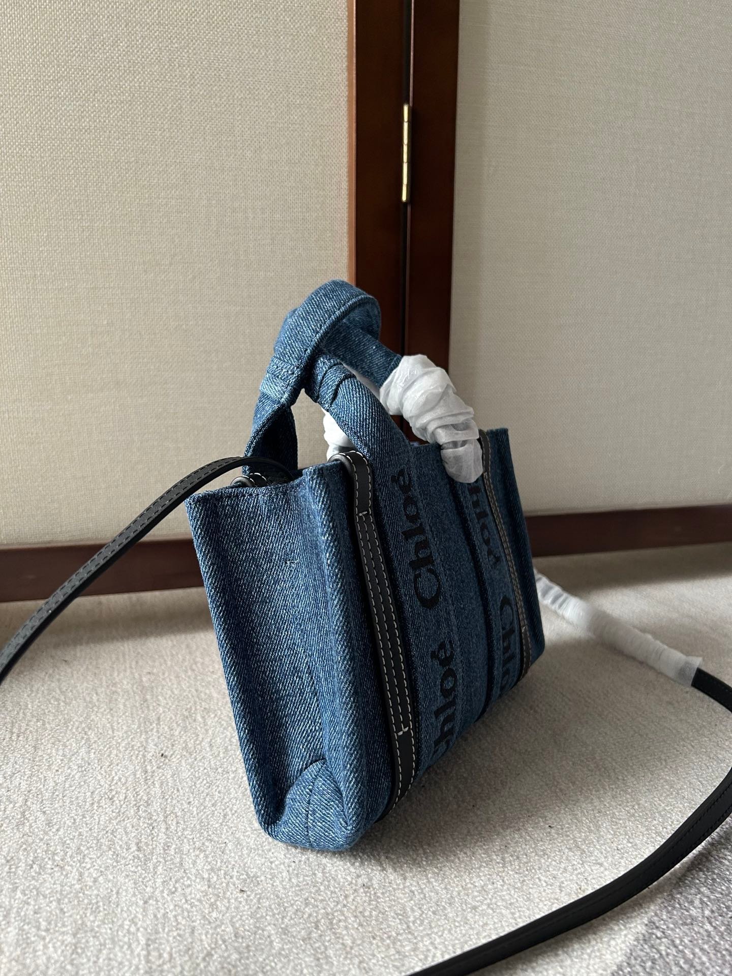 原單高仿Chloe蔻依名牌包 牛仔布Chloé Woody Tote Bag mini號托特包