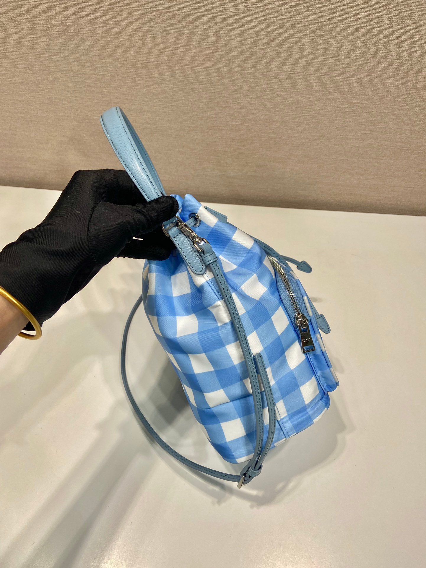 一比一複刻普拉達包包 Prada Duet Re-Nylon 水桶袋 格子