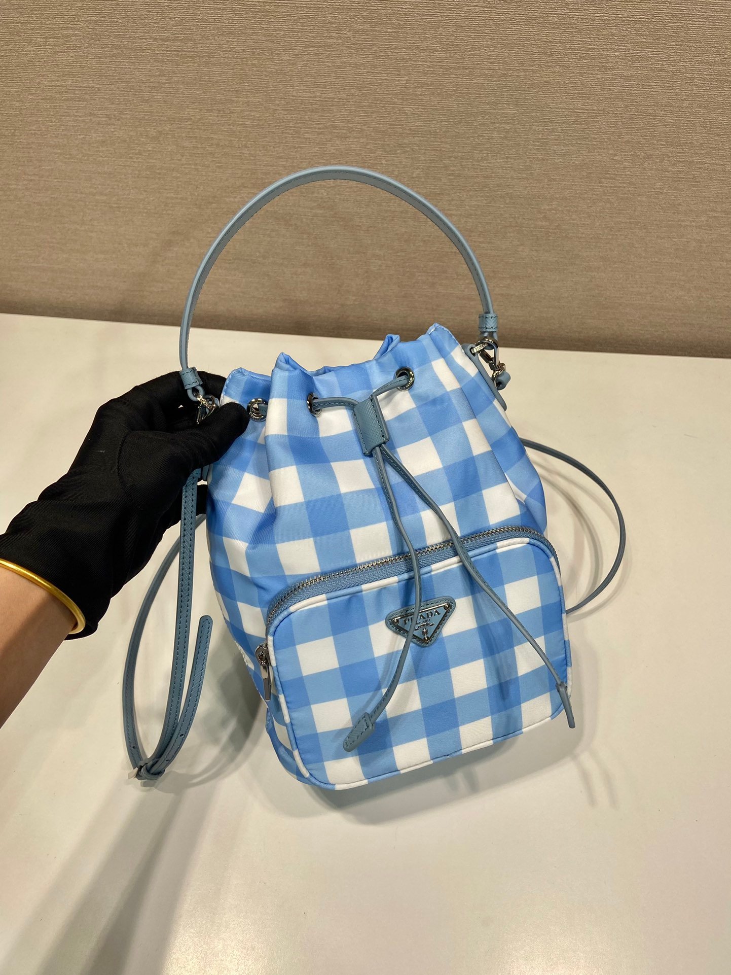 一比一複刻普拉達包包 Prada Duet Re-Nylon 水桶袋 格子