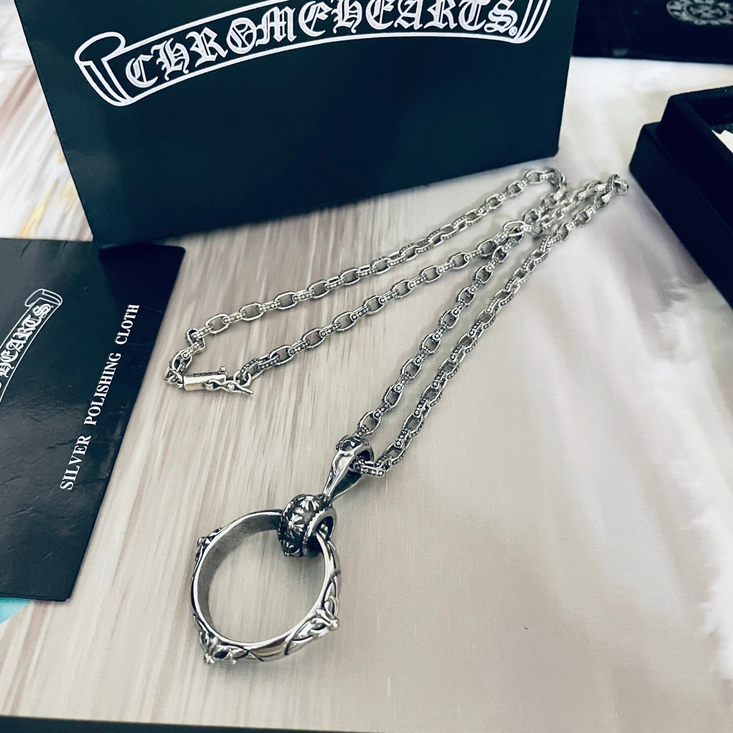 高仿Chrome Hearts克羅心SBT全十字架圖騰戒指吊墜+Paper Chain經典5MM字母項鍊