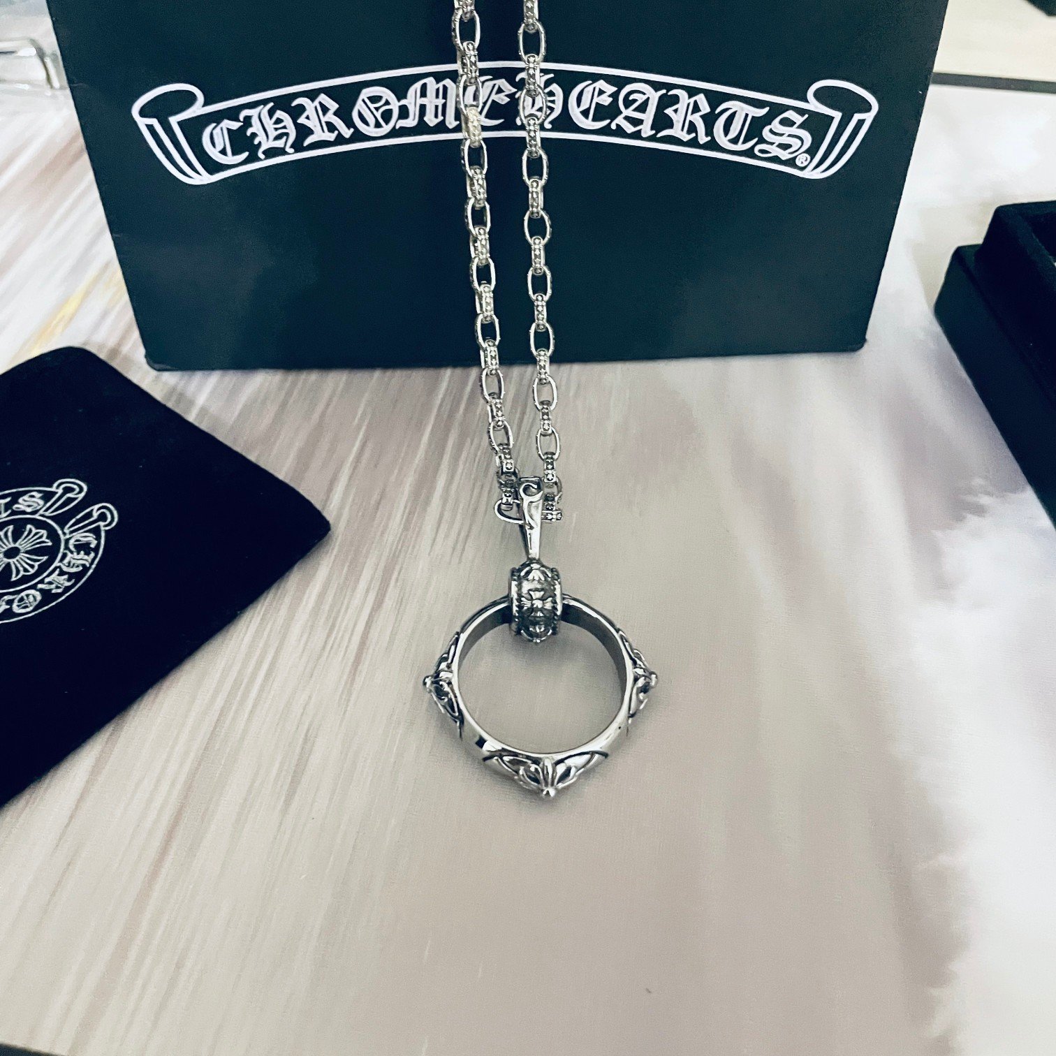 高仿Chrome Hearts克羅心SBT全十字架圖騰戒指吊墜+Paper Chain經典5MM字母項鍊