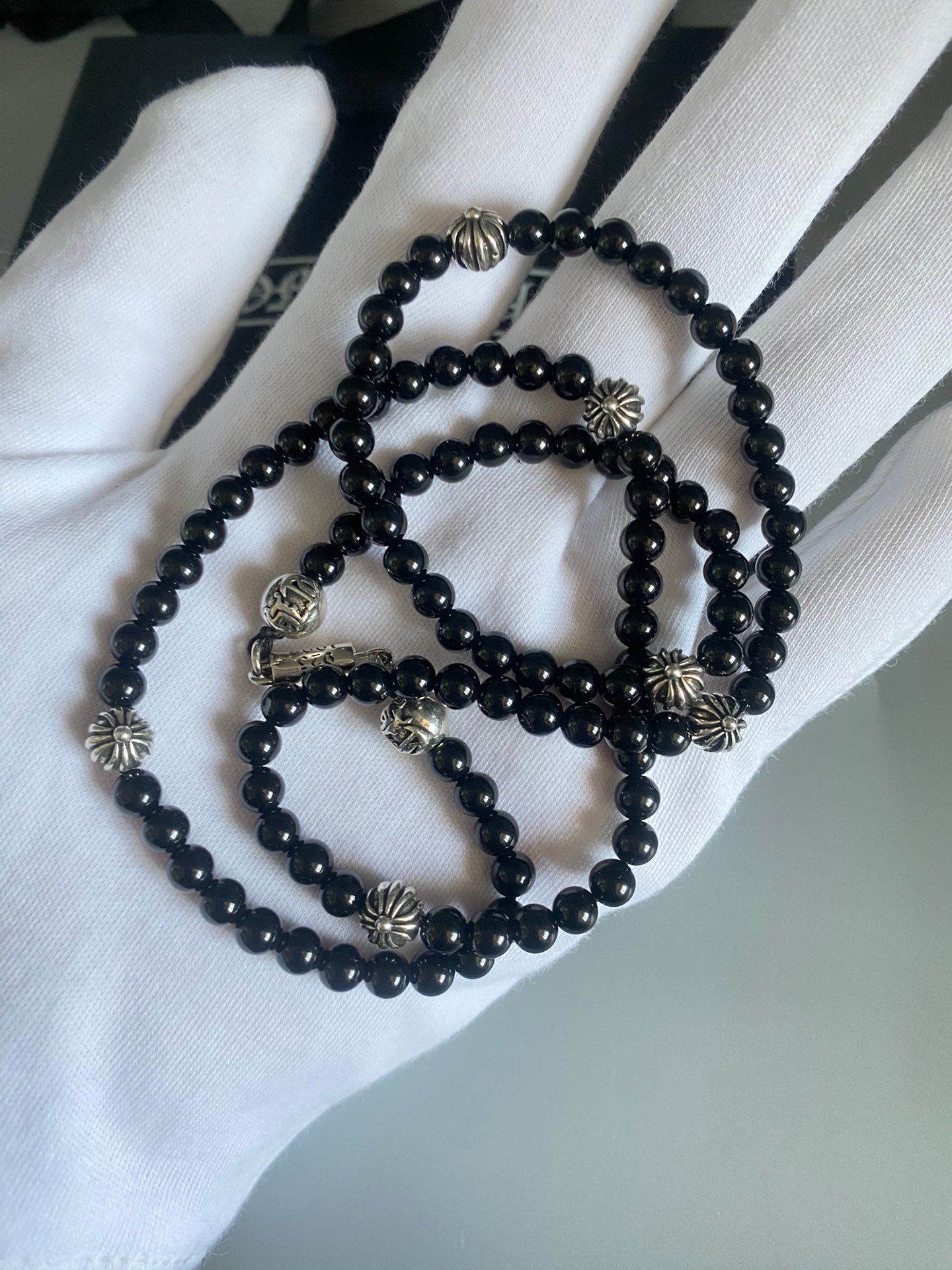 超A貨Chrome Hearts克羅心飾品 8MM黑曜石8銀珠手鍊/項鍊