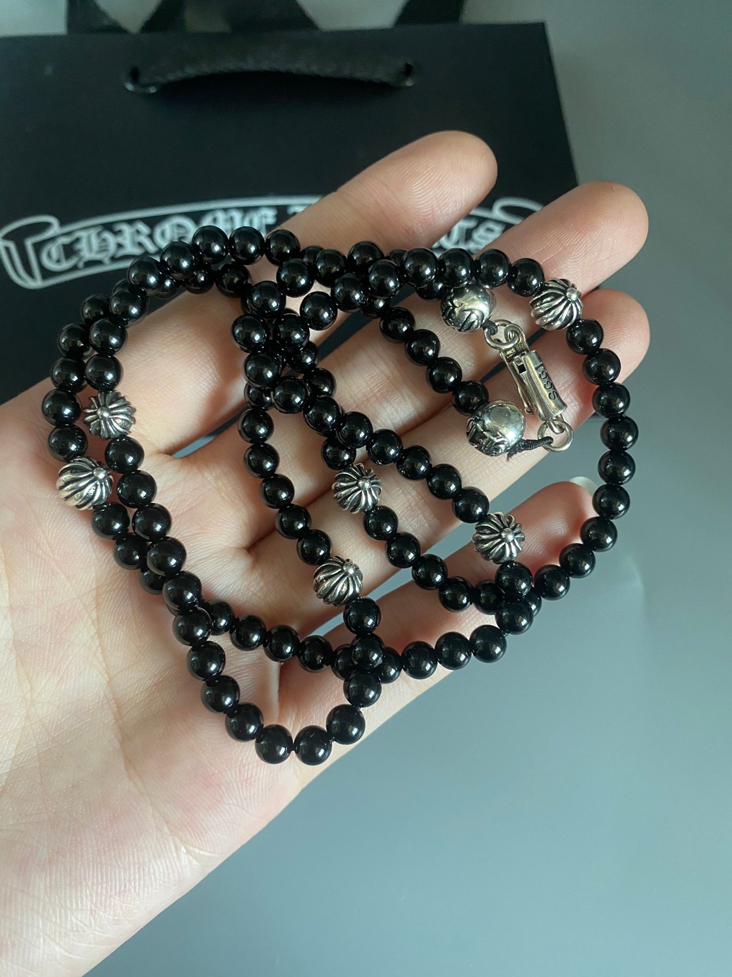 超A貨Chrome Hearts克羅心飾品 8MM黑曜石8銀珠手鍊/項鍊