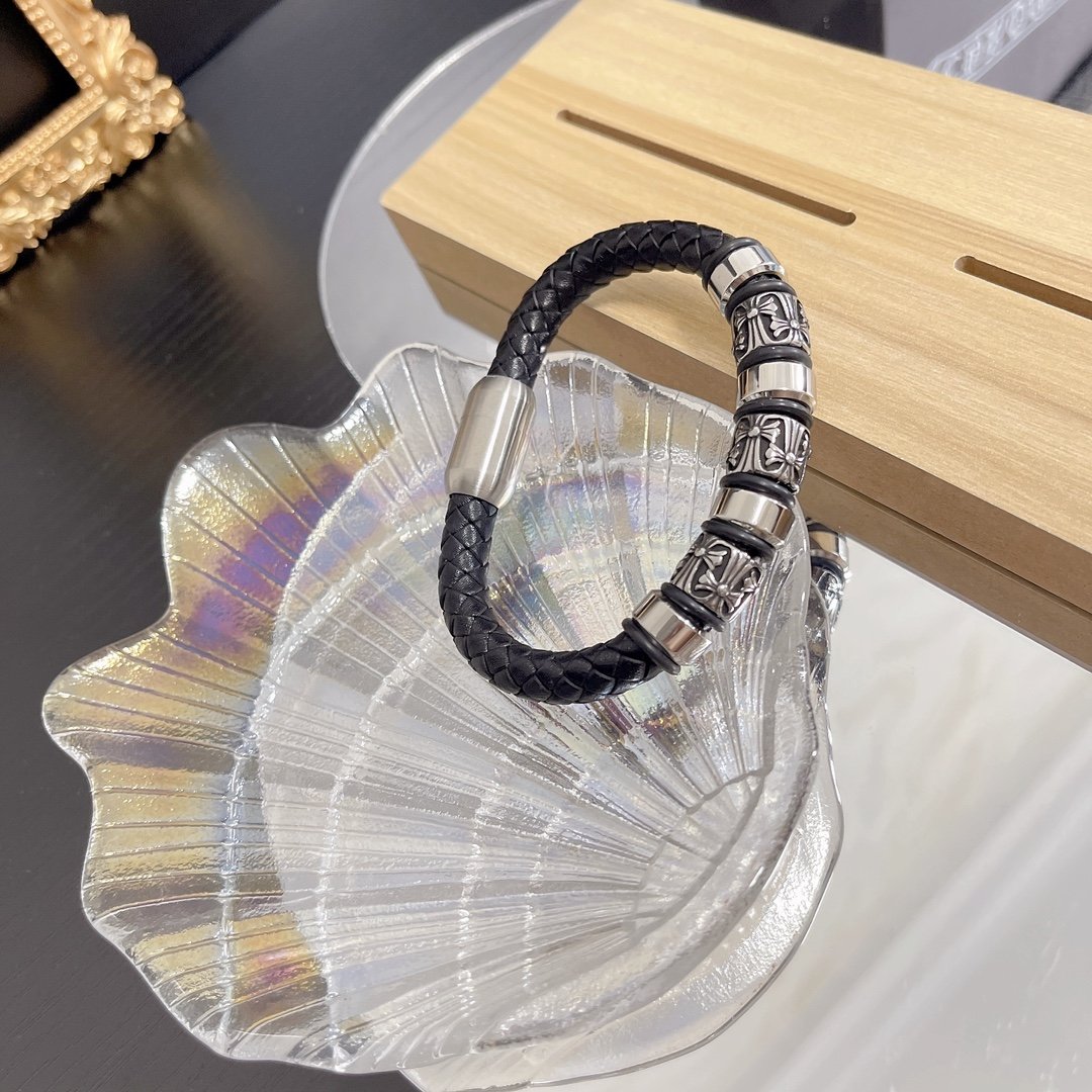 專櫃一比一Chrome Hearts克羅心飾品 雙十字架皮繩手镯手鍊