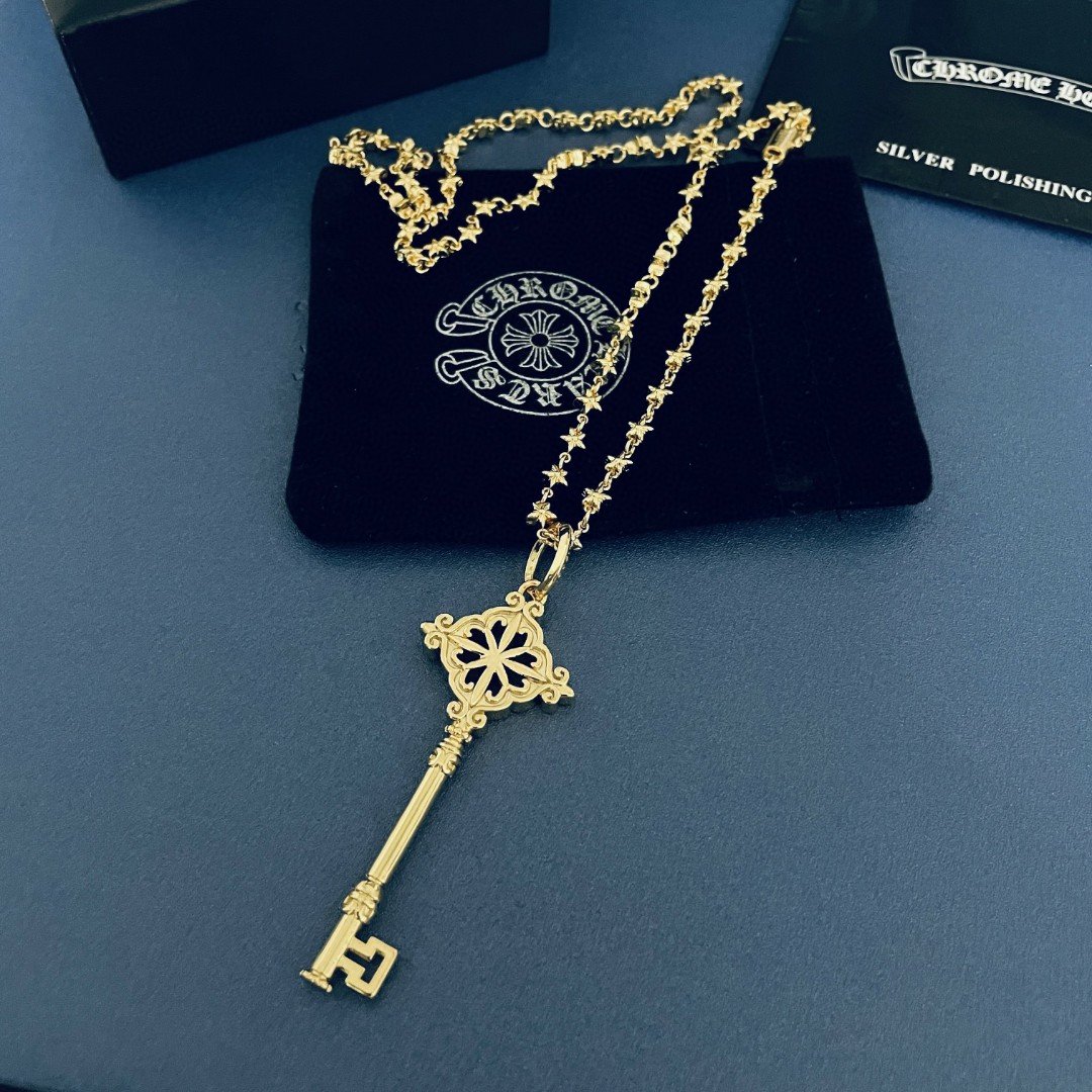 高仿Chrome Hearts克羅心飾品 鍍金色 十字架鑰匙吊墜 十字球項鍊