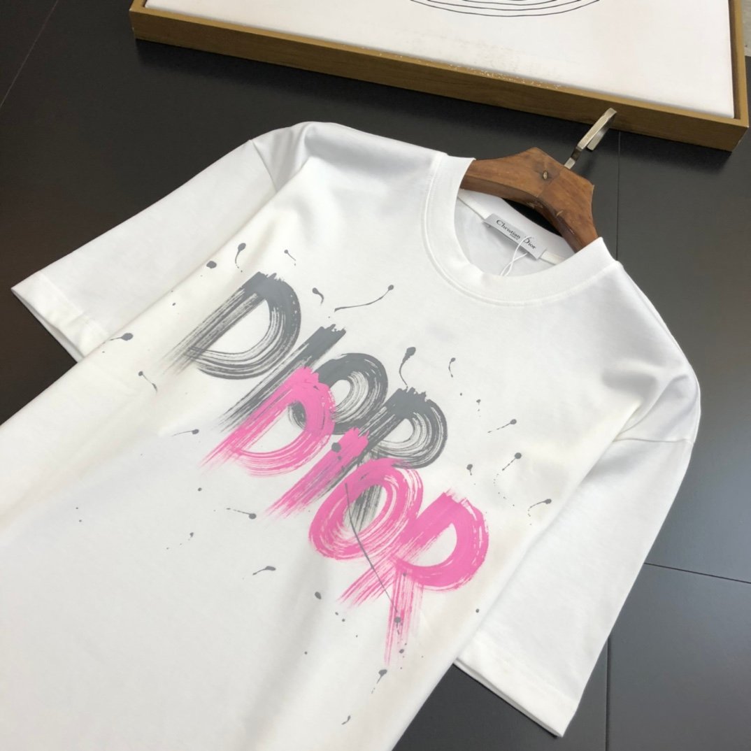 DIOR迪奧高仿衣服夏季印花短袖圓領T恤男女同款 白色