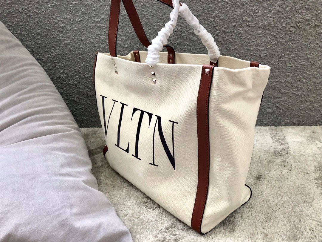 原單VALENTINO華倫天奴包包 帆布款購物袋 VLTN GARAVANI 小號帆布托特包 棕色