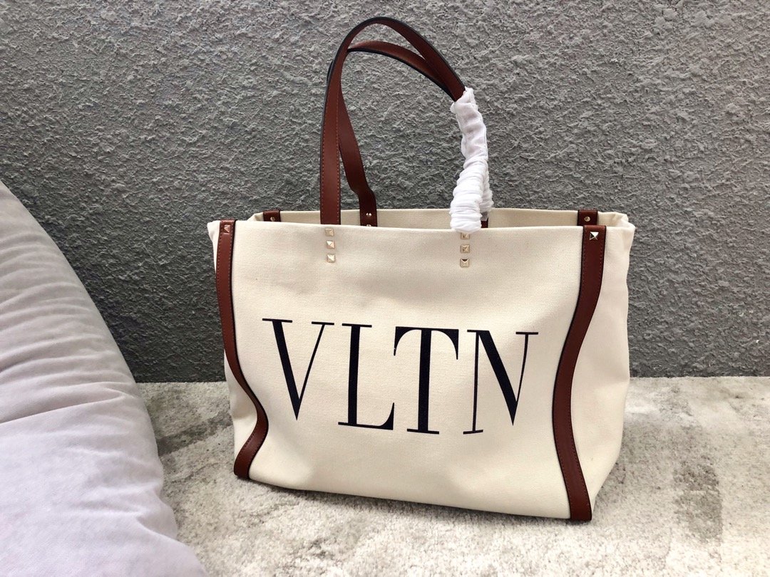 原單VALENTINO華倫天奴包包 帆布款購物袋 VLTN GARAVANI 小號帆布托特包 棕色