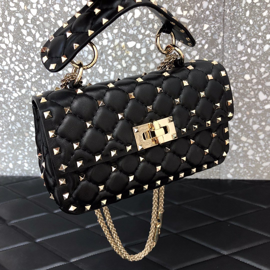 高仿VALENTINO華倫天奴包包 ROCKSTUD SPIKE小號軟牛革手袋 黑金