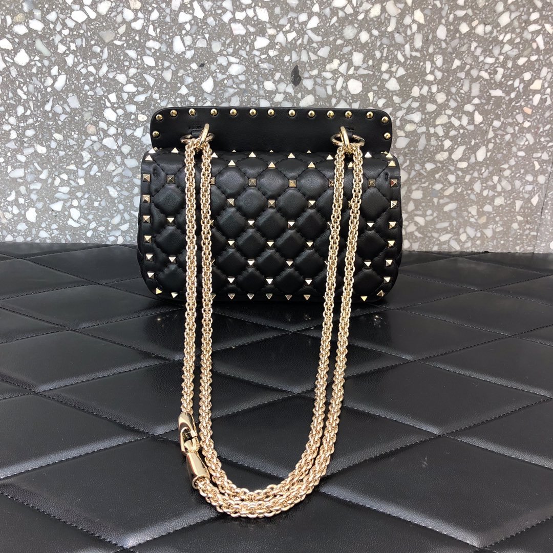 高仿VALENTINO華倫天奴包包 ROCKSTUD SPIKE小號軟牛革手袋 黑金