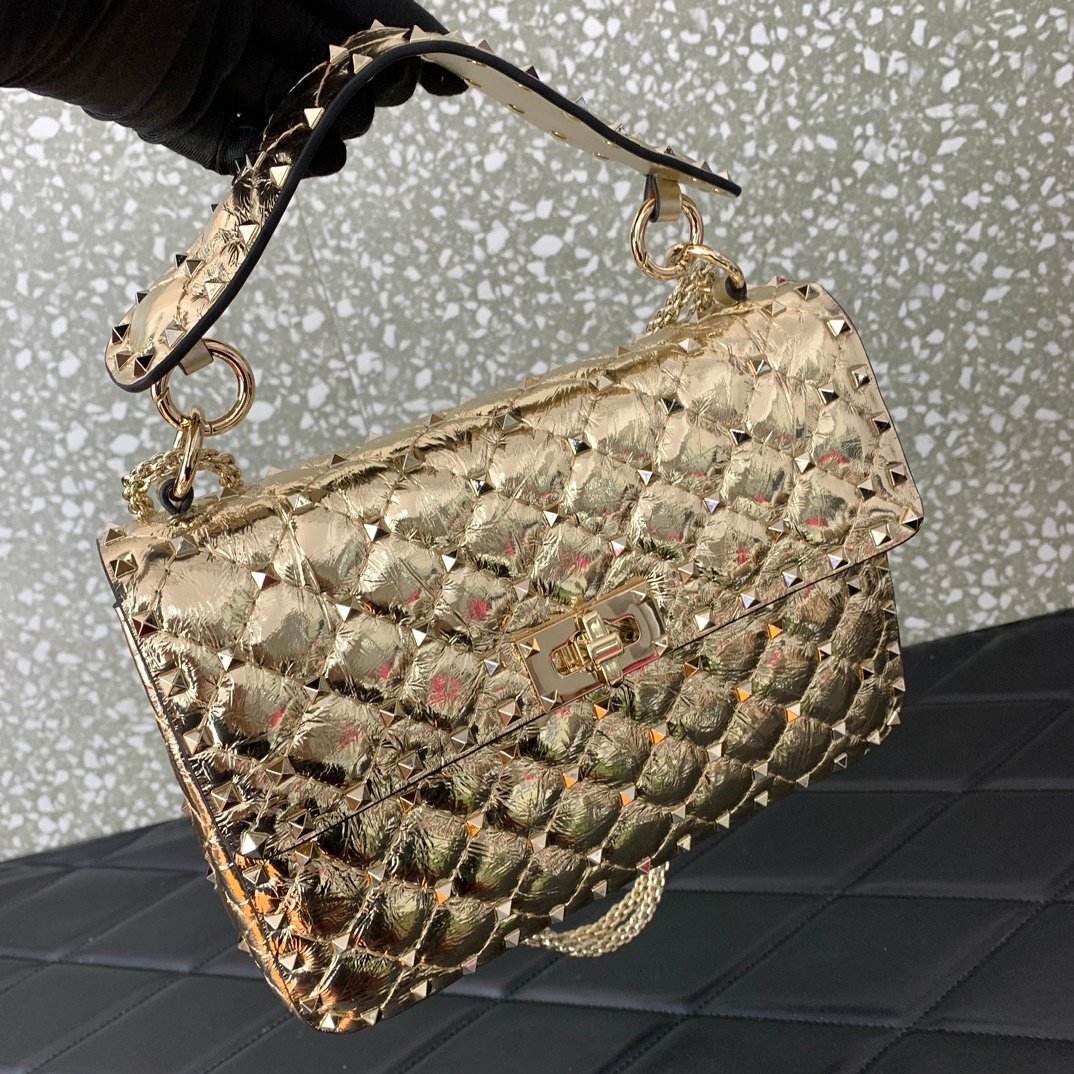 原單複刻VALENTINO華倫天奴包包 ROCKSTUD SPIKE中號軟牛革手袋 金色