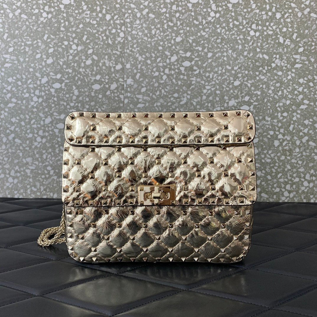 原單複刻VALENTINO華倫天奴包包 ROCKSTUD SPIKE中號軟牛革手袋 金色