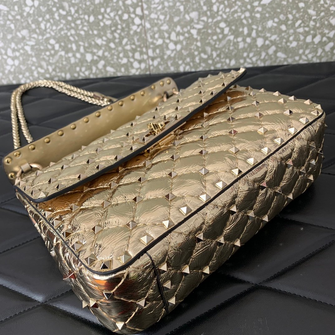 原單複刻VALENTINO華倫天奴包包 ROCKSTUD SPIKE中號軟牛革手袋 金色