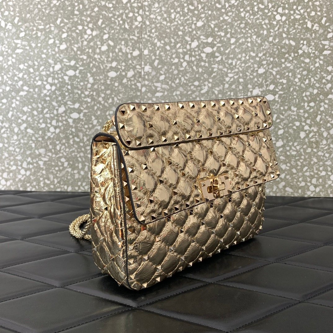 原單複刻VALENTINO華倫天奴包包 ROCKSTUD SPIKE中號軟牛革手袋 金色