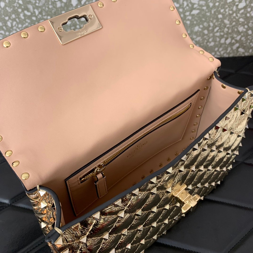 原單複刻VALENTINO華倫天奴包包 ROCKSTUD SPIKE中號軟牛革手袋 金色
