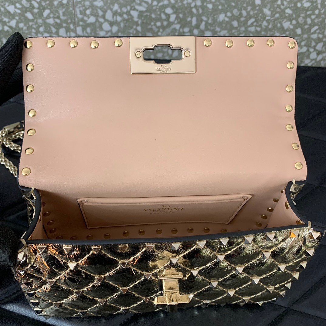 高仿原單VALENTINO華倫天奴包包 ROCKSTUD SPIKE小號軟牛革手袋 金色