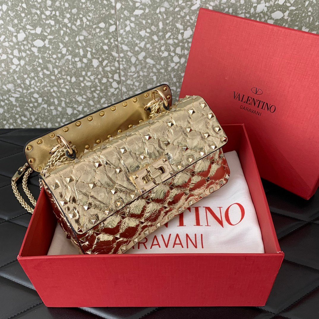 高仿原單VALENTINO華倫天奴包包 ROCKSTUD SPIKE小號軟牛革手袋 金色