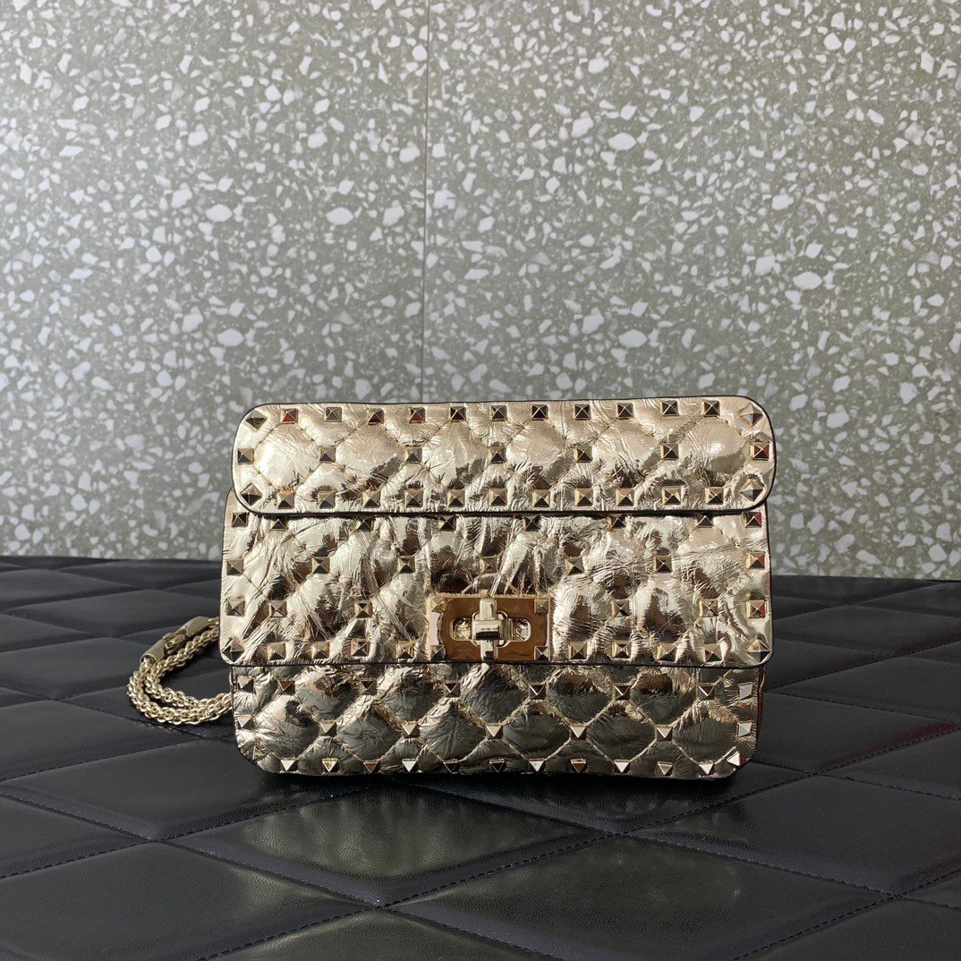 高仿原單VALENTINO華倫天奴包包 ROCKSTUD SPIKE小號軟牛革手袋 金色