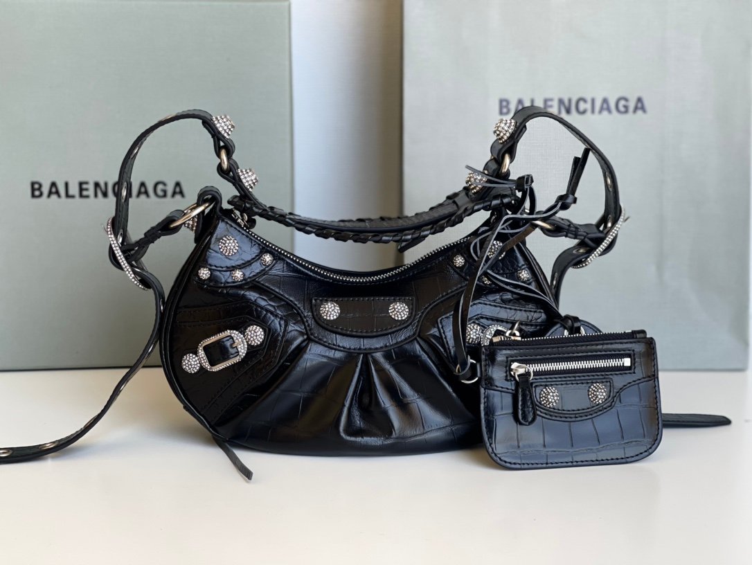 原單1比1 BALENCIAGA巴黎世家 LE CAGOLE 加小號鱷魚紋壓紋鑲萊茵石單肩包