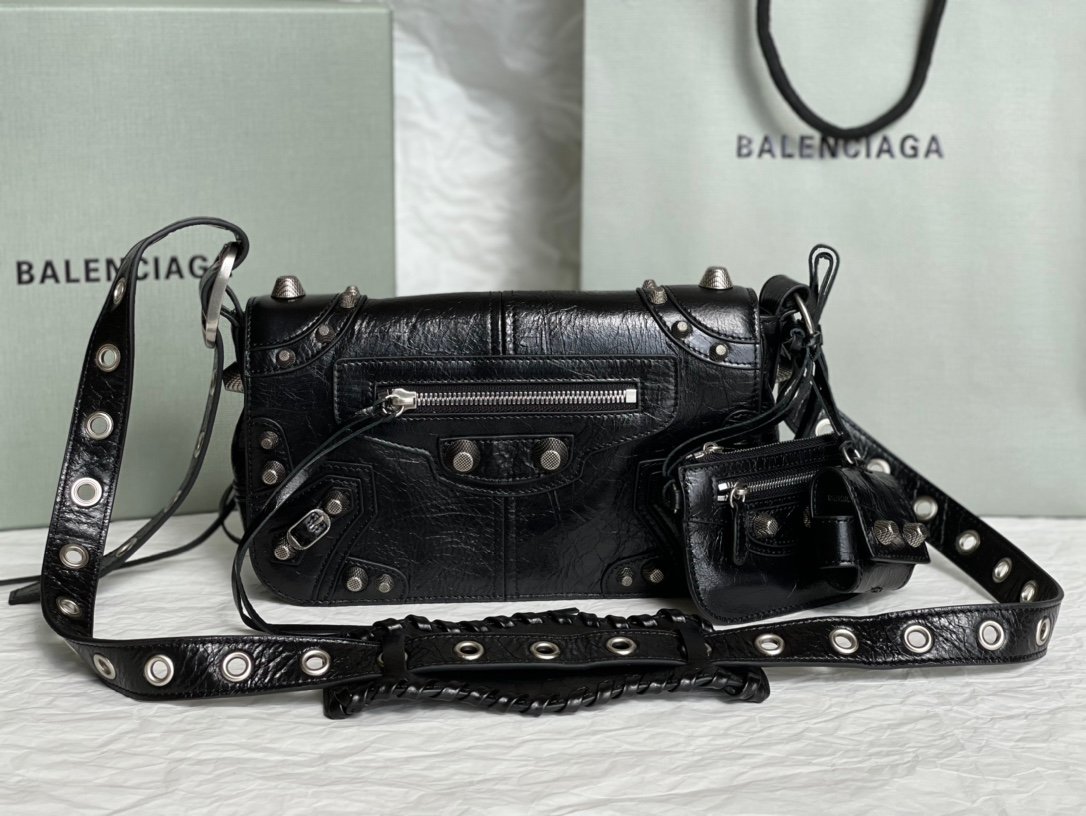 専櫃複刻BALENCIAGA巴黎世家 Le Cagole黑色細紋牛皮革小號單肩包