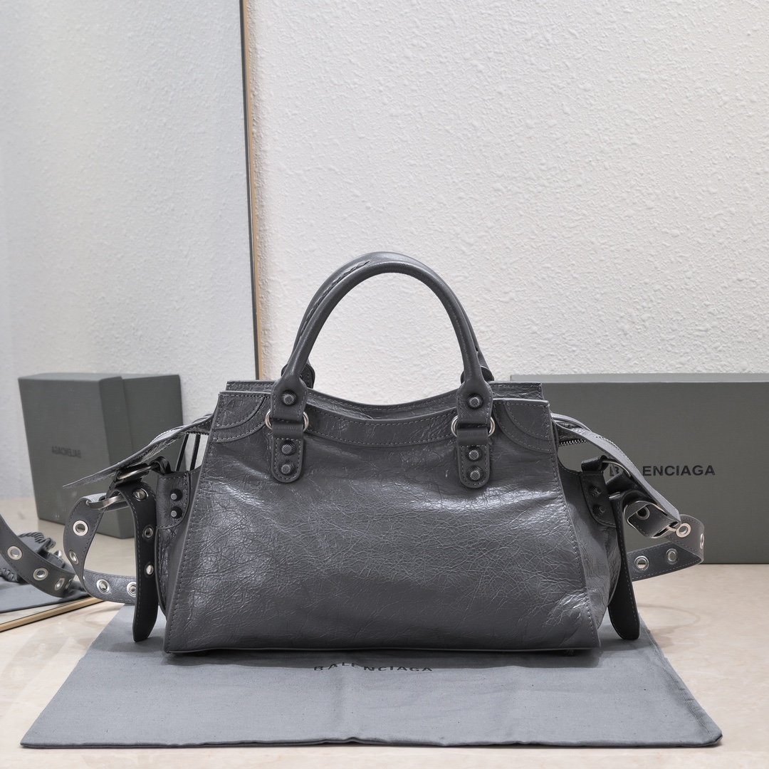 複刻高仿BALENCIAGA巴黎世家 Neo Cagole 細紋牛皮革手提包 中號灰色
