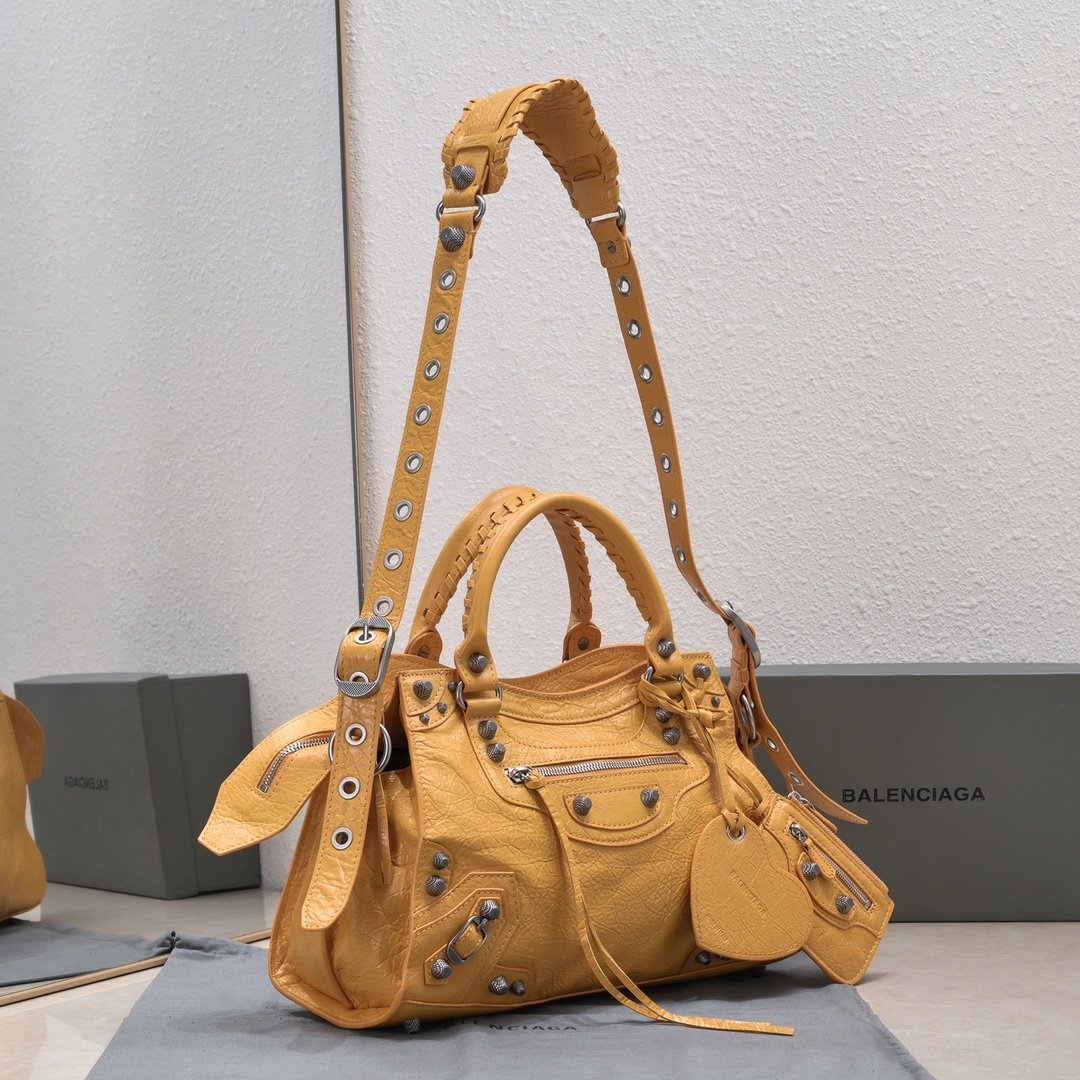 複刻高仿BALENCIAGA巴黎世家 Neo Cagole 細紋牛皮革手提包 中號橙色