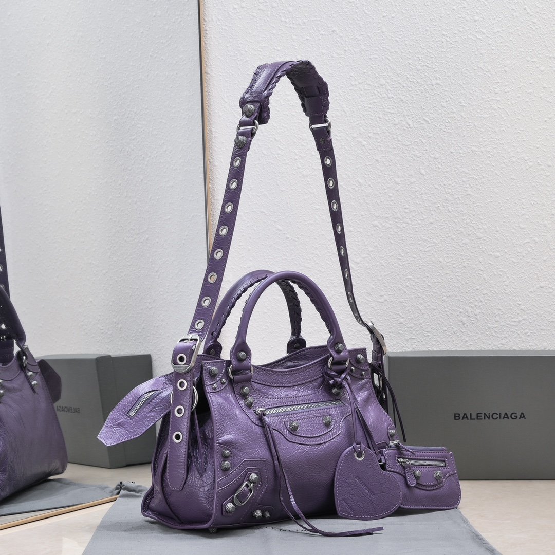複刻高仿BALENCIAGA巴黎世家 Neo Cagole 細紋牛皮革手提包 中號紫色