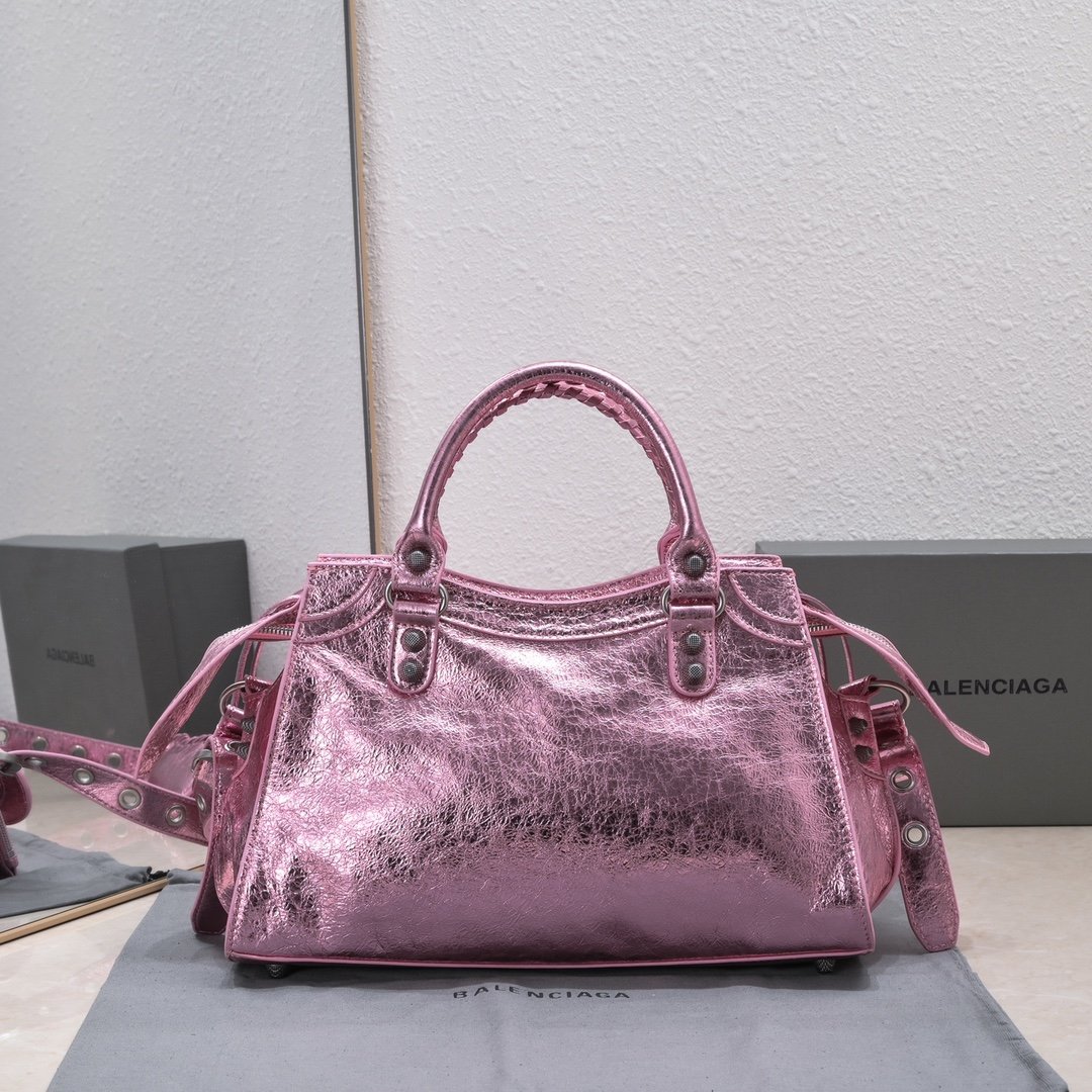 複刻高仿BALENCIAGA巴黎世家 Neo Cagole 細紋牛皮革手提包 中號銀粉