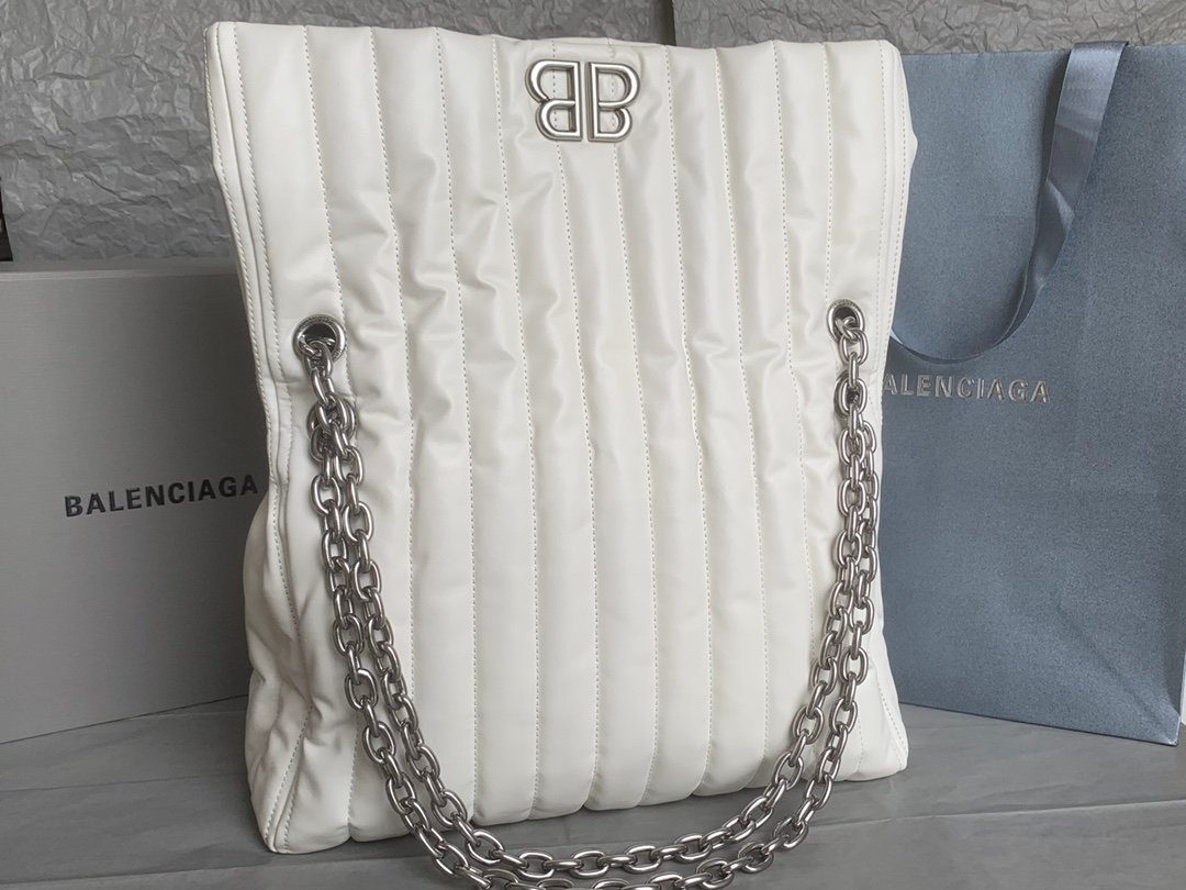 高仿複刻BALENCIAGA巴黎世家 Monaco白色絎縫薄牛皮革中號鏈帶包