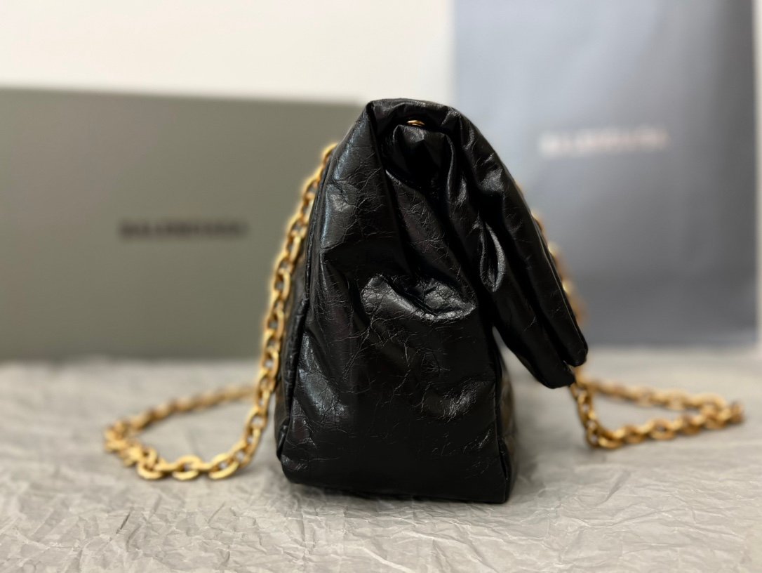 原單BALENCIAGA巴黎世家 Monaco絎縫薄牛皮革鏈帶包 小號【油蠟黑金】