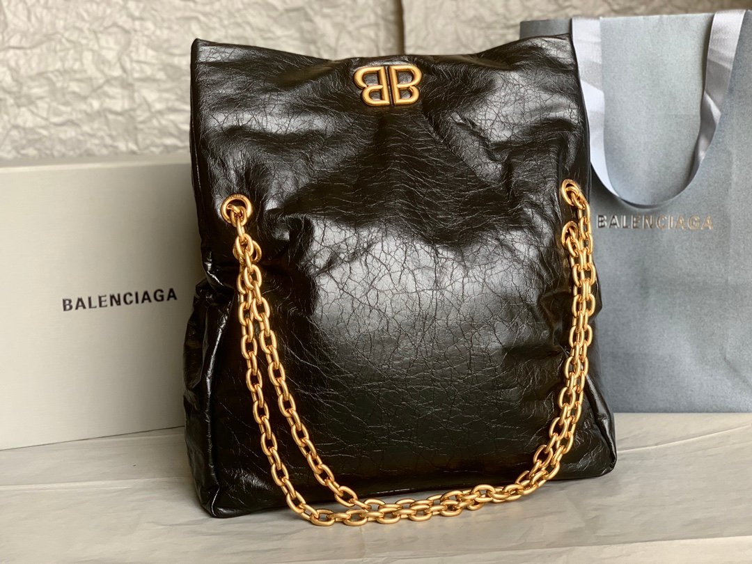 原單BALENCIAGA巴黎世家 Monaco細紋牛皮革鏈帶包 中號【油蠟黑金】
