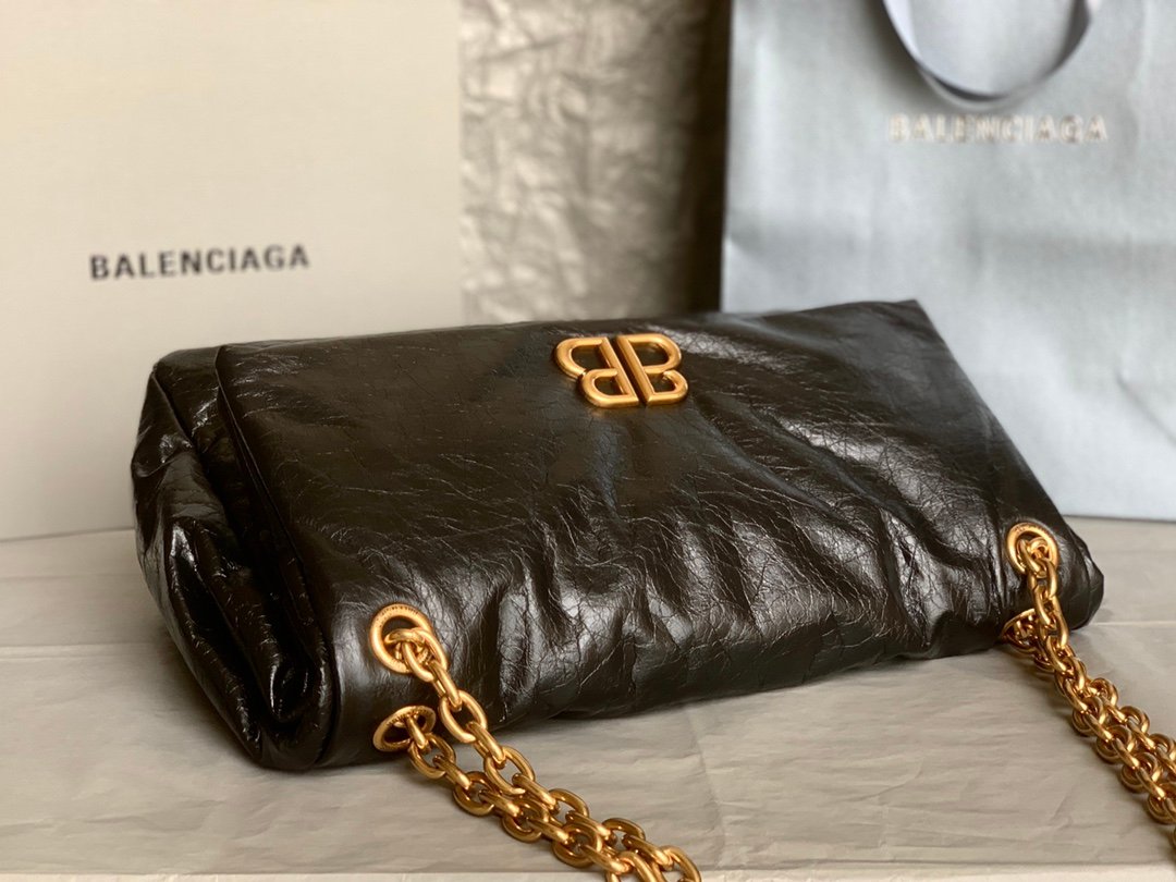 原單BALENCIAGA巴黎世家 Monaco細紋牛皮革鏈帶包 中號【油蠟黑金】