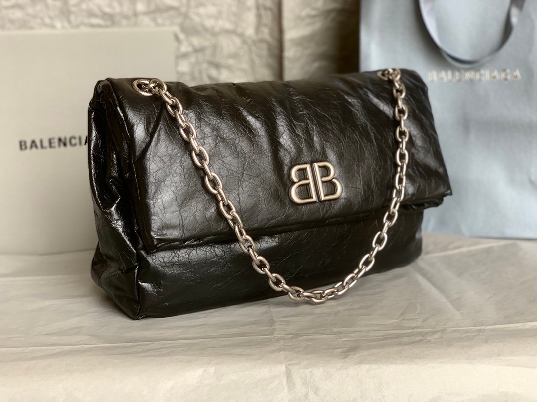 原單BALENCIAGA巴黎世家 Monaco細紋牛皮革鏈帶包 中號【油蠟黑銀】