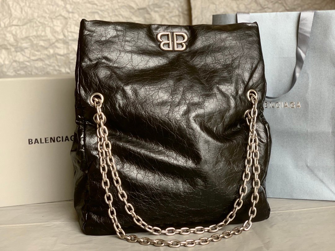 原單BALENCIAGA巴黎世家 Monaco細紋牛皮革鏈帶包 中號【油蠟黑銀】