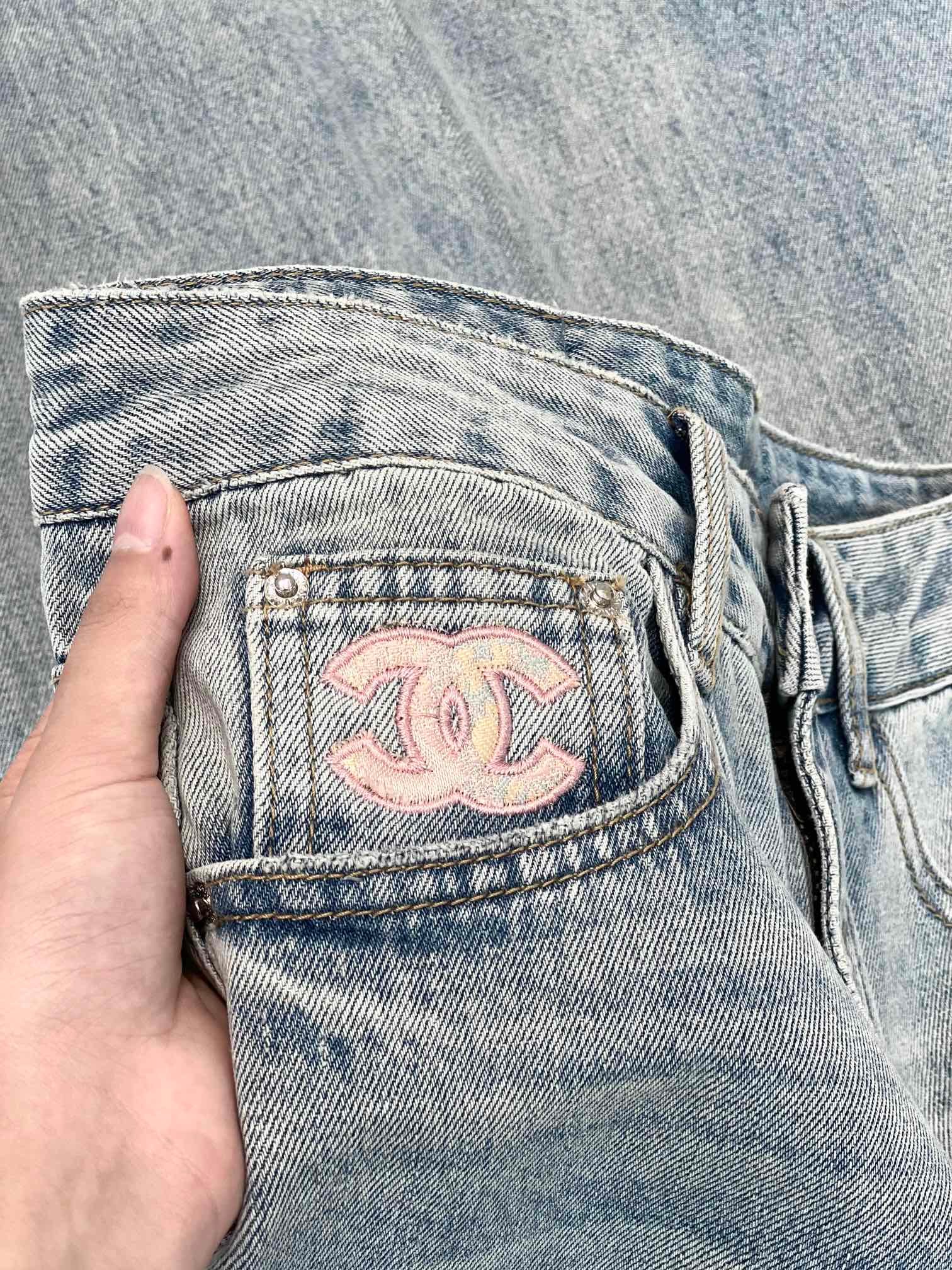 頂級設計香奈兒CHANEL高仿刺繡牛仔褲寬鬆褲子淺藍色直筒 女款